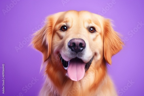 A close-up portrait of a golden retriever puppy on a purple background