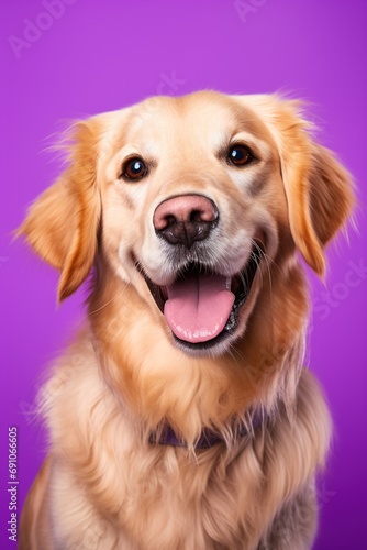 A close-up portrait of a golden retriever puppy on a purple background © Rudsaphon