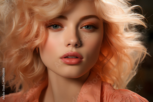 girlish makeup in peach cannon shades. A wonderful girl with excellent skin, curvy lips and blonde hair. a gentle feminine image.