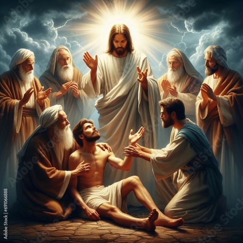 Jesus and Disciples, jesus healing, miracle, religion, christ, christianity, Generative AI
