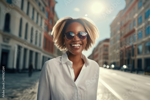  blonde woman in sunglasses and white shirt walks city street, smiling, laughing, enjoying outdoors on a sunny day
