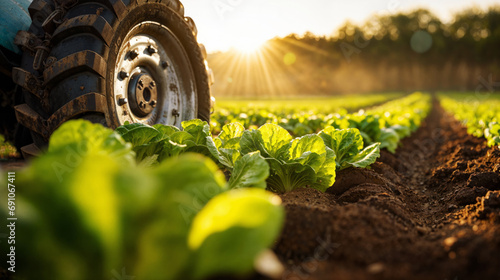 Field of romaine lettuce with tractor photo
