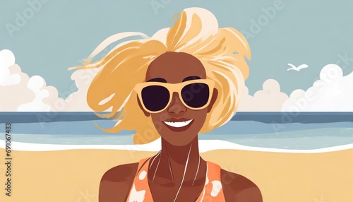 blonde woman in sunglasses on lively beach, enjoying sunny day