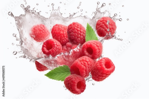 Raspberries in juice splash isolated on a white and transparent background