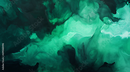 Abstract watercolor background in deep emerald jade green with a black pattern. Featuring stain splashes, rough daubs, grainy grunge textures, and dark shades, the liquid fluidity of water creates a u