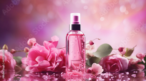 Elegance in a Pink Bottle: Transparent Collagen Serum for Radiant Skincare - Luxury Beauty Treatment for Health and Wellness, a Feminine Liquid Elixir of Freshness.