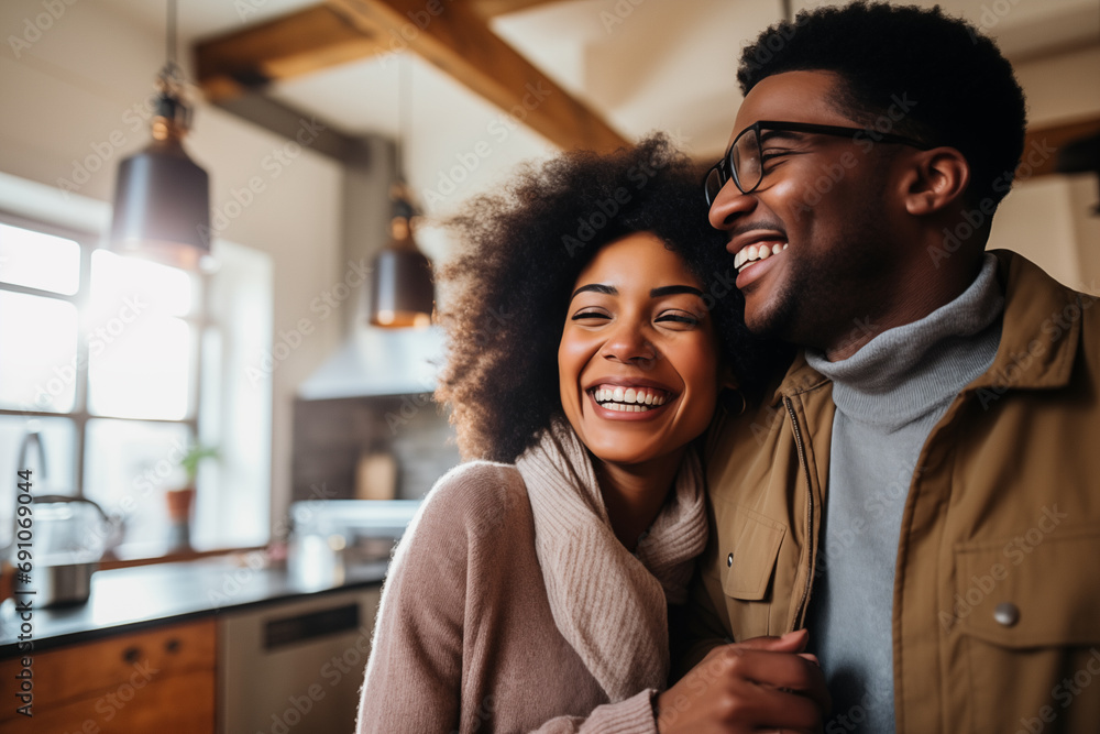 Happy Afroamerican Young Couple Embracing and Smiling in Their new Home