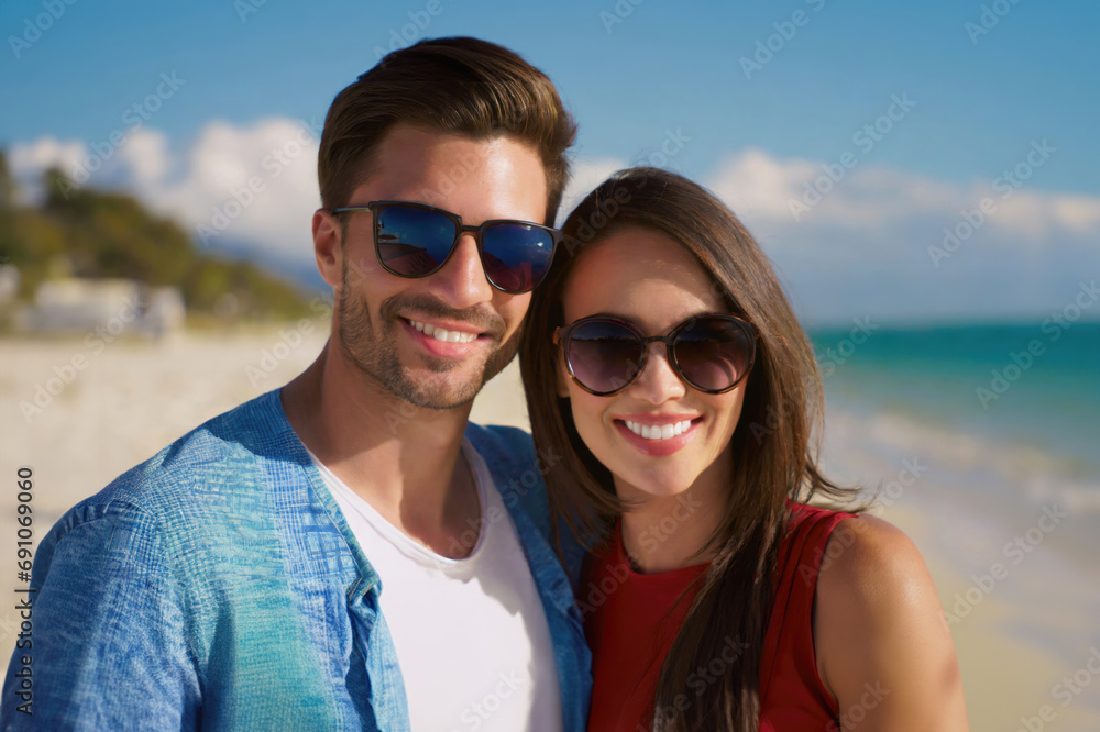 happy couple in sunglasses on beach, bright smiles, perfect day