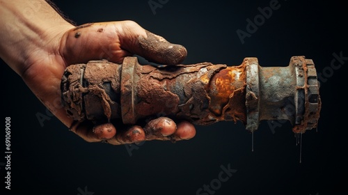 Old calcified and clogged water pipe with brown rust held in hand by plumber photo