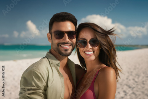  happy couple in sunglasses on beach  bright smiles  perfect day