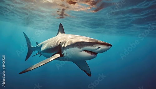  Large shark in clear  calm ocean waters  gliding through a vast expanse of blue