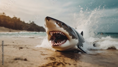 shark attack at the beach. Great White shark with jaws wide open © Marko