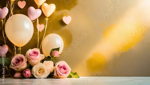 sfondo oro con palloncini, cuori e rose generato con ai photo