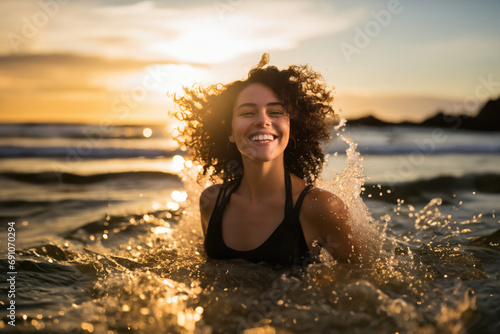  smiling woman with curly hair enjoys ocean, surrounded by splashing water, having great time, conveying happiness, contentment, beach setting