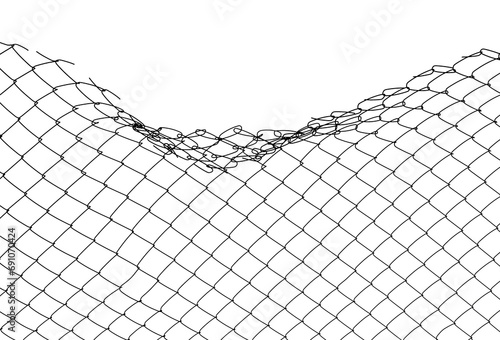 The texture of the metal mesh on a white background. Torn steel, metal mesh with holes photo