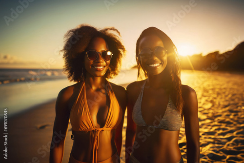  two young women in sunglasses and bikinis stand beach enjoying time, posing or relaxing