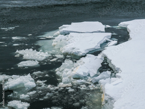 crushed ice floe, floating on the water surface