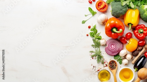 Organic clean vegetables assorted with cooking spoons and oil on white wooden background, top view, banner. Healthy food, vegan or diet nutrition concept.