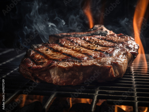 A perfectly grilled ribeye steak sizzling on a hot grill