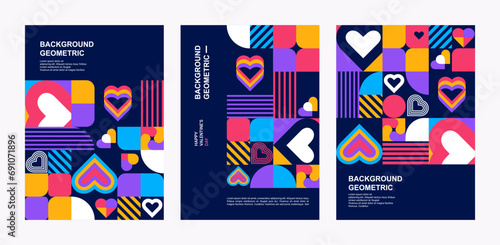 set of Valentine's Day posters, greeting card, banner, label, sale promotion template, cover in geometric style. Bauhaus. Geometric print, geometric pattern