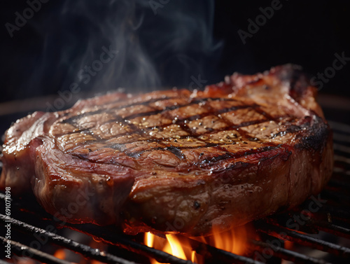 A perfectly grilled ribeye steak sizzling on a hot grill