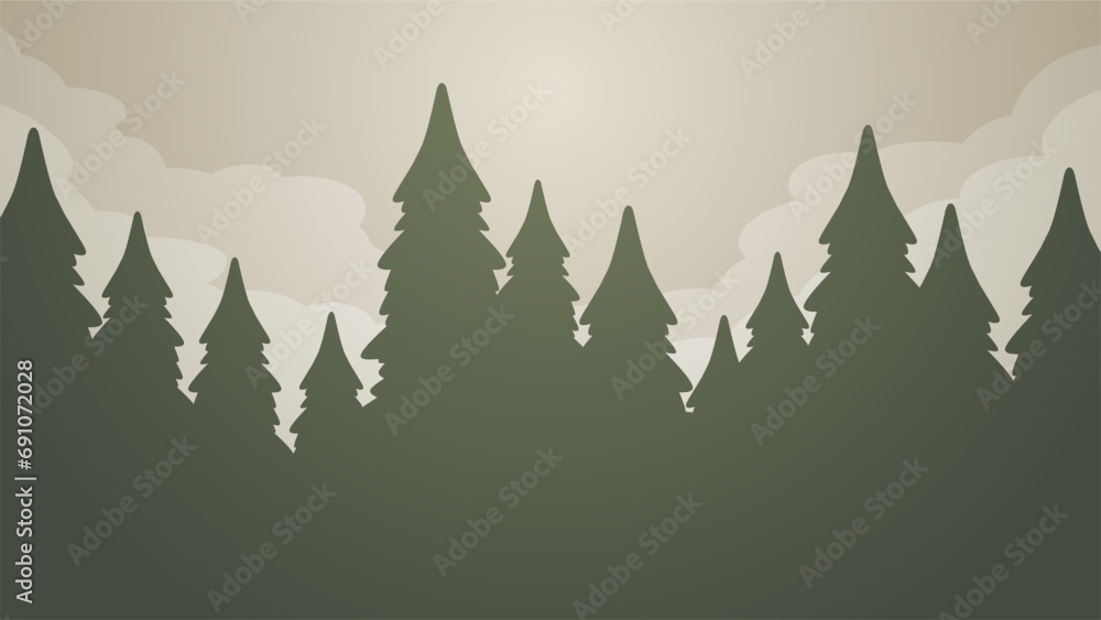 Pine forest landscape vector illustration. Scenery of coniferous forest in the morning with cloudy sky. Pine forest landscape for background, wallpaper or illustration