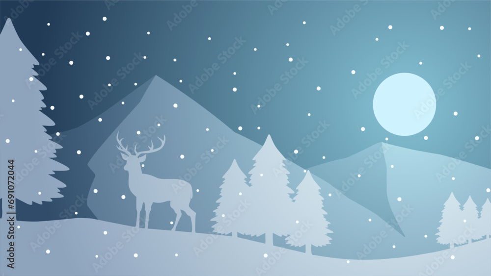 Winter silhouette landscape vector illustration. Scenery of reindeer silhouette in the pine forest snow hill. Cold season landscape for illustration, background or wallpaper