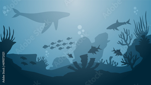 Seascape vector illustration. Scenery of shipwreck at bottom of the sea with coral reef and fish. Underwater wildlife for illustration, background or wallpaper