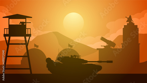 Military base landscape vector illustration. Silhouette of at military base with tank and watchtower. Military landscape for background  wallpaper or illustration. Barrack army and turret gun