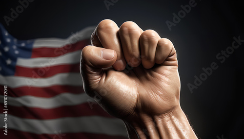 clenched fist with the American flag in the background: symbol of freedom, generative AI