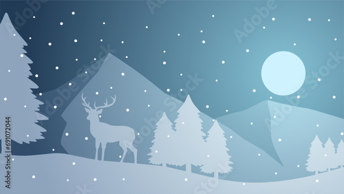 Winter silhouette landscape vector illustration. Scenery of reindeer silhouette in the pine forest snow hill. Cold season landscape for illustration, background or wallpaper