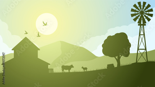 Farmland silhouette landscape vector illustration. Scenery of livestock cow and goat in the countryside farm. Rural landscape for illustration, background or wallpaper