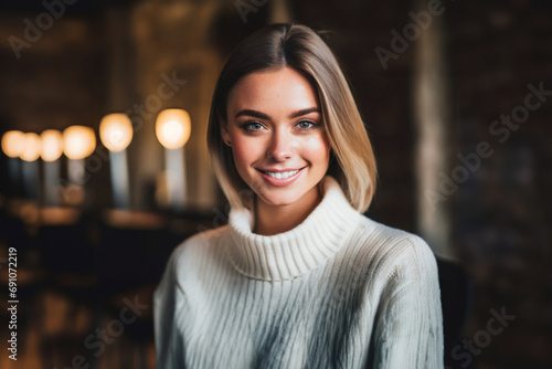 Young blonde woman in white sweater smiles with confidence  © Marko