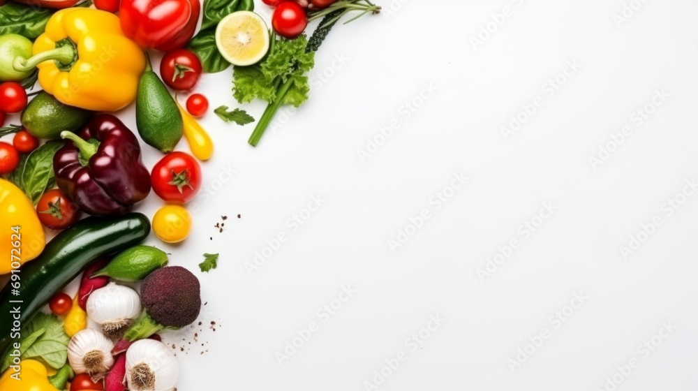 Many vegetables on a white background, isolated fruits, colorful png bell peppers and eggplants and leaves and tomatoes and... , vegetables frame border, generated by AI. Many vegetables on a white background, isolated fruits, colorful png bell peppers and eggplants and leaves and tomatoes and... , vegetables frame border, generated by AI.