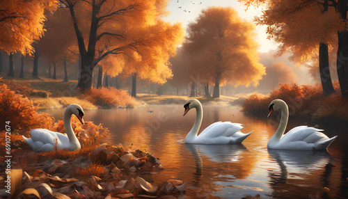 swans on a lake during autumn weather, generative AI