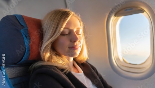 young woman sleeps on international flight 