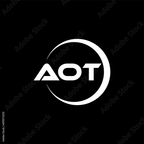 AOT letter logo design with black background in illustrator, cube logo, vector logo, modern alphabet font overlap style. calligraphy designs for logo, Poster, Invitation, etc. photo