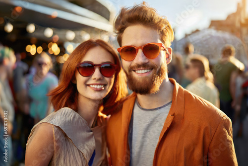 Young, bearded man and red-haired woman in orange sunglasses, smiling and posing at lively street gathering, friendly and relaxed atmosphere © Marko