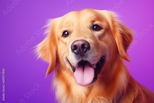 Fototapeta Naklejka Na Ścianę i Meble -  A close-up portrait of a golden retriever puppy on a purple background