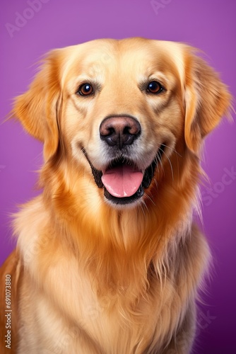 A close-up portrait of a golden retriever puppy on a purple background © Rudsaphon