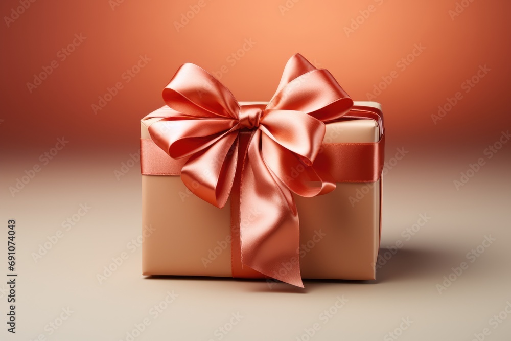 gift box with a satin ribbon and bow on peach fuzz color background. Color of the year 2024 concept. gift box with a satin ribbon and bow on peach fuzz color background. Color of the year 2024 concept.