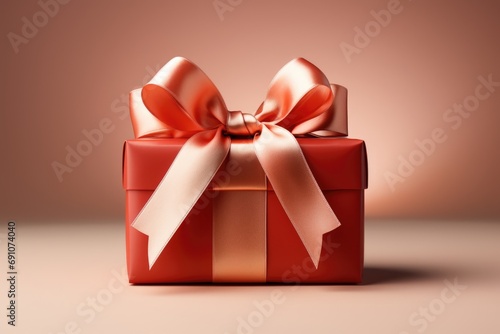  gift box with a satin ribbon and bow on peach fuzz color background. Color of the year 2024 concept. © Maria Tatic
