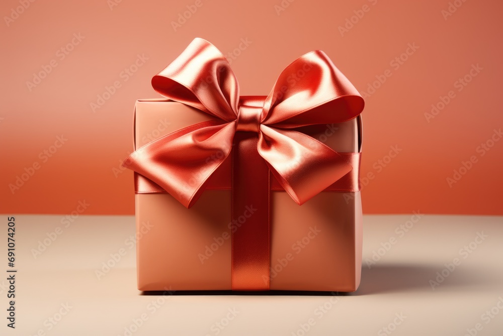 gift box with a satin ribbon and bow on peach fuzz color background. Color of the year 2024 concept. gift box with a satin ribbon and bow on peach fuzz color background. Color of the year 2024 concept.