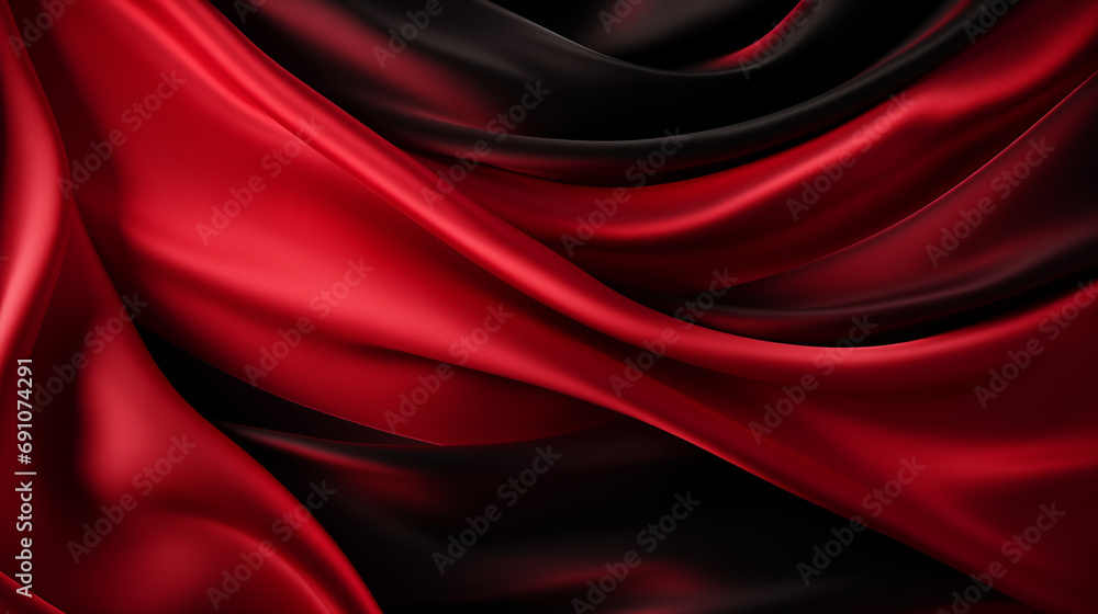 Obraz premium Satin of black and red hues, creating beautiful, soft folds in a shiny fabric. A luxurious dark background provides ample space for design, perfect for Christmas, birthdays, Valentine's Day, or any fe