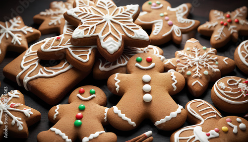 festive gingerbread cookies adorned with icing, generative AI
