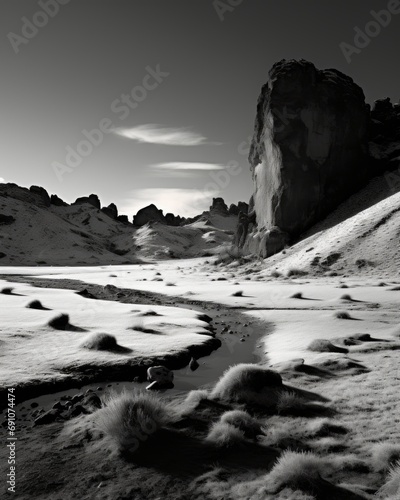 A black and white picture a desert with mountains and a river, sahara wallpaper, infrared photography landscape, clouds in sky, generated by AI.