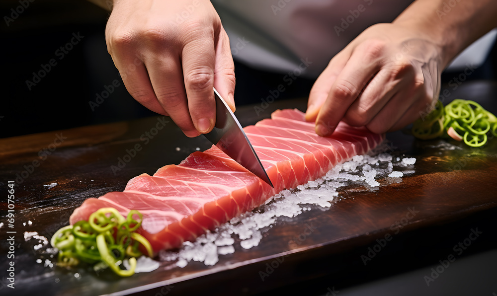 A sushi chef applying wasabi on a slice of fresh