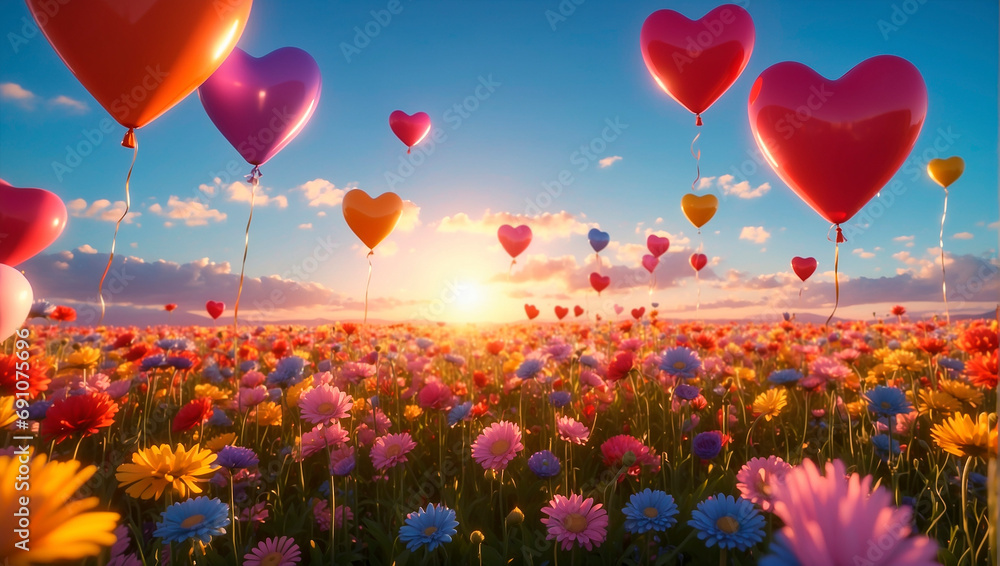 Multi-colored heart-shaped balloons fly over a flowering field on a bright sunny day