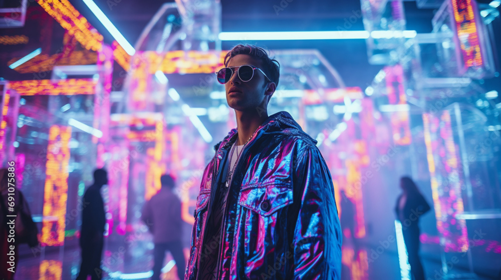 A male model surrounded by floating neon signs and symbols, creating a visually stimulating and futuristic atmosphere that enhances the overall fashion narrative