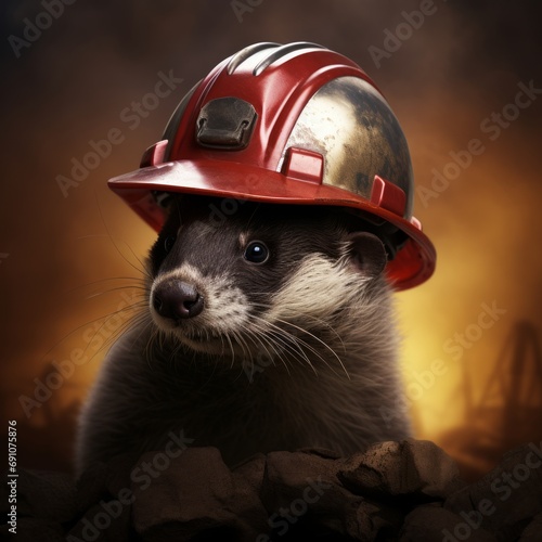 a ferret wearing a red and silver hard hat
